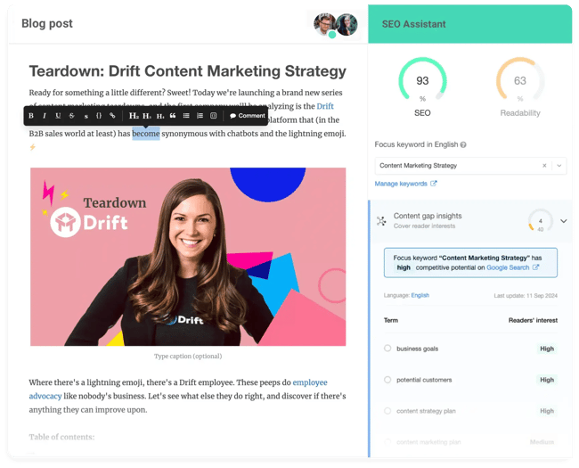 storychief, content auditing software evaluating a blog post with seo, readability, and content gap insights.